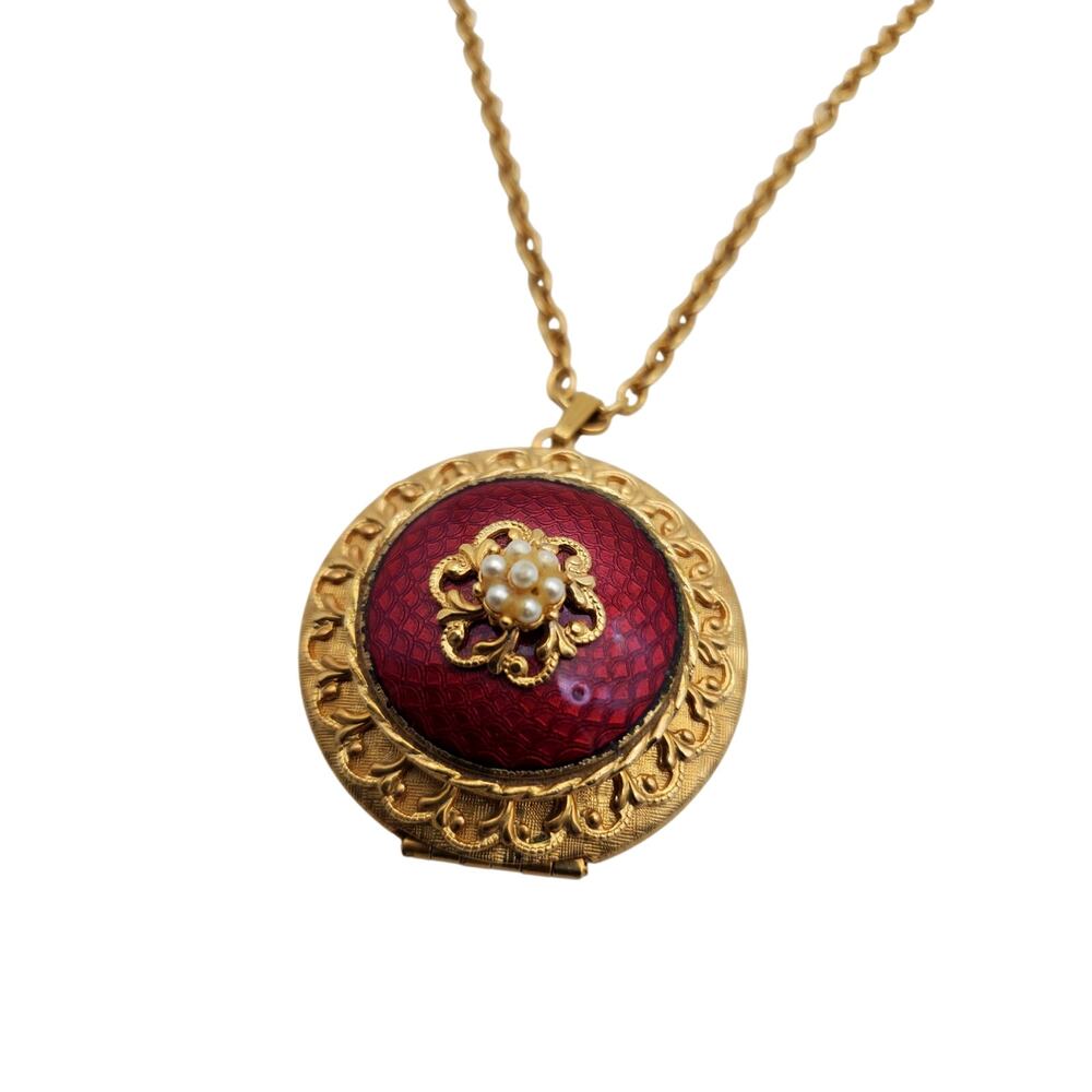 Red Enamel Locket Necklace Gold Tone Chain Tiny Faux Pearl Flower Guilloche Vtg - Picture 9 of 12